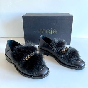 Maje Leather Loafers with gold chain and with Detachable Faux Fur size 38